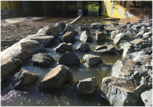 Showing fishway pools with 80 mm drops between rock ridges at Slacks Creek.