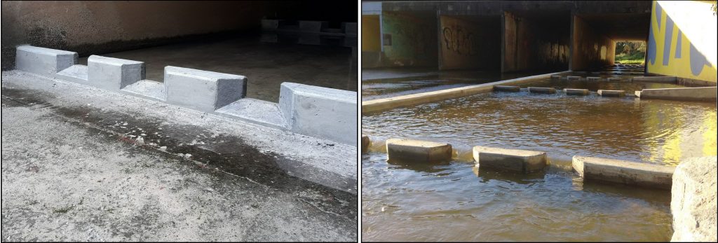 Showing recently poured horizontal concrete baffles (left) and in flow showing 50 mm drops. Note nib wall on left hand side constructed to divert attraction flows through the fishway at Slacks Creek