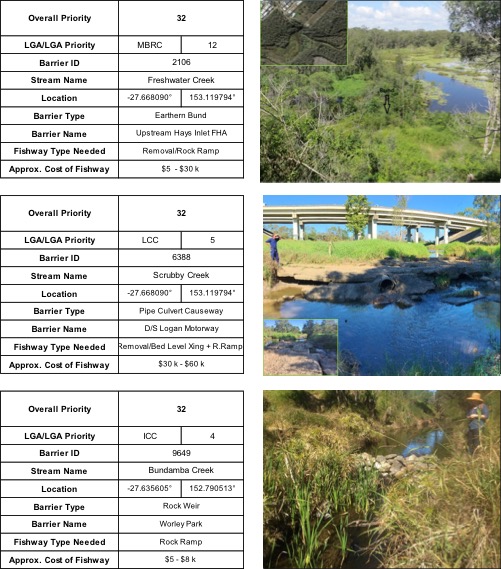 Top ranking fish barriers in south east Queensland, including Freshwater Creek, Scrubby Creek and Bundamba Creek, places identified for fish ladder sites and fishway monitoring.