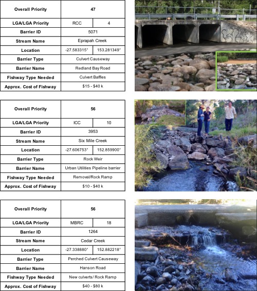 Top ranking fish barriers in south east Queensland, including Eprapah Creek, Six Mile Creek and Cedar Creek, places identified for fish ladder sites and fishway monitoring.