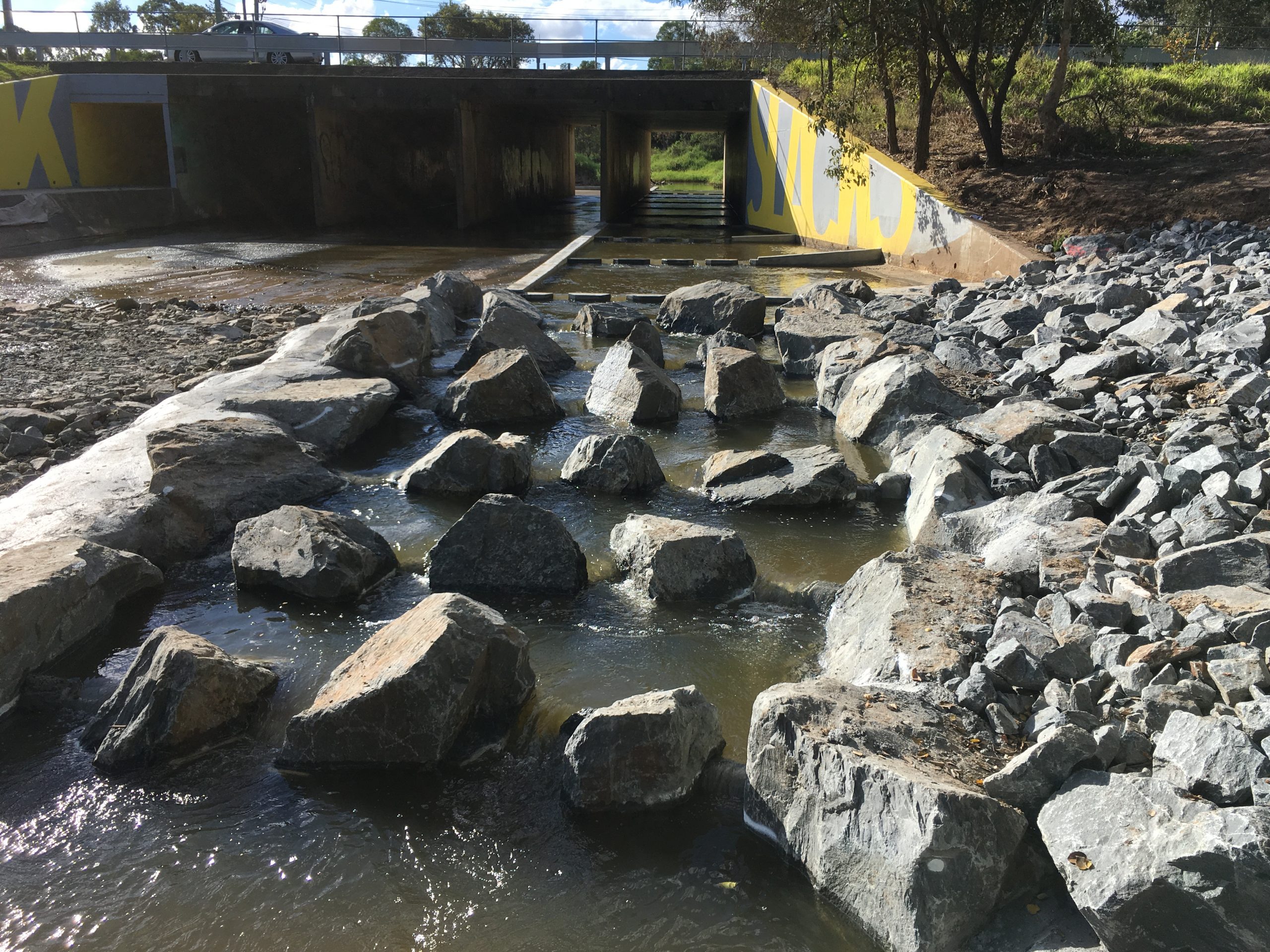 Rock Ramp and horizontal culvert baffle fishway, Slacks Creek Brisbane