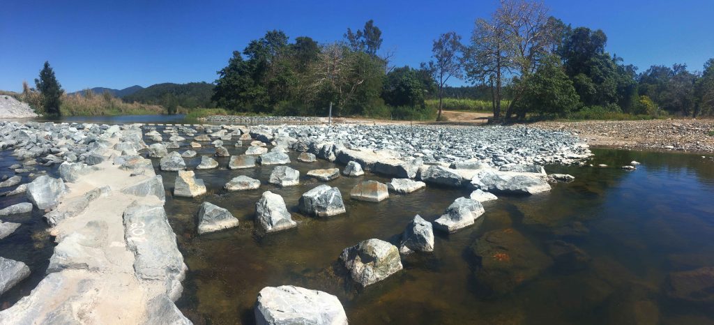 Panoramic image of completed fishway restoring aquatic connectivity for jungle perch in Mackay.