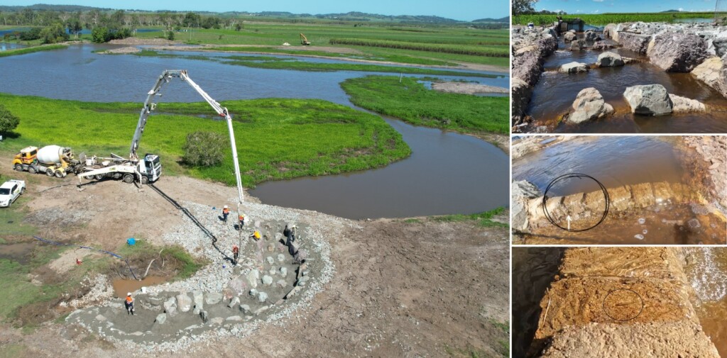 Rock ramp fishway or Fishladder construction by Catchment Solutions with novel nursery slot fish passage design for post larvae and leptocephalus fish life stages 