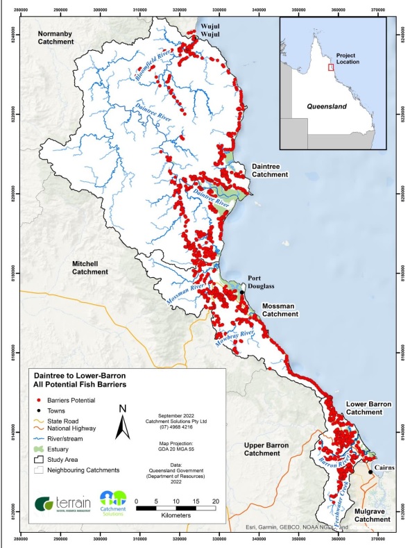 Fish barrier prioritisation map created by Catchment Solutions for the Daintree, Barron, Mowbray, Bloomfield rivers in Wet Tropics, north Queensland, Australia