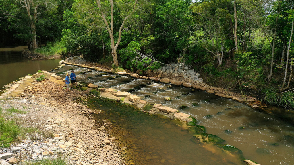 Lagoon Creek Rock ramp Fishway constructed by Catchment Solutions completed and flowing